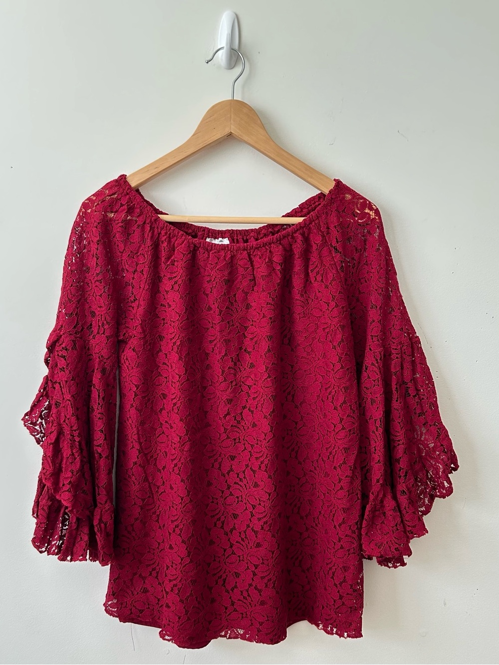 Forgotten Grace Burgundy Lace Off Shoulder Bell Sleeve Top Women's Size S Small